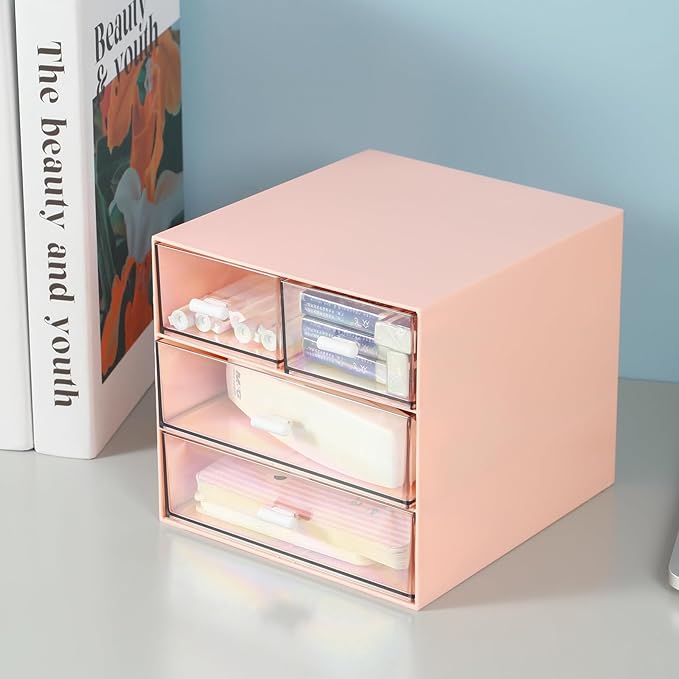 Makeup Organizer with 4 Drawers, Desk Organizer, Cosmetics Storage Box for nail polish, Lipstick, Brushes, Jewelry, Skincare, Bathroom Organization Boxes - Pink