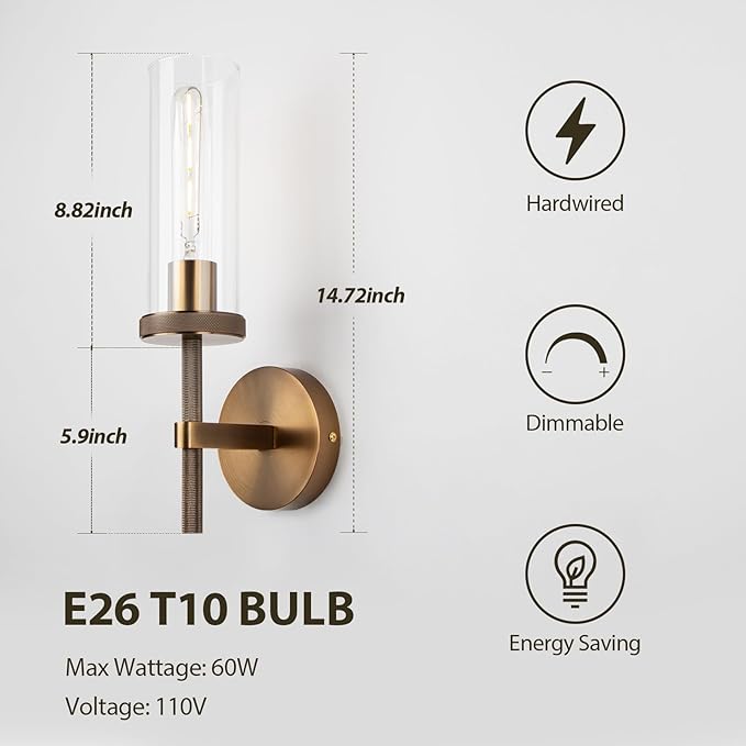 15" Knurled Bronze Hardwired Wall Sconces Set of 2, Bathroom Vanity Light Fixtures with Clear Glass Tube, Modern Lamp Lighting for Bedroom, Living Room, Hallway, Staircase, Mirror, Kitchen