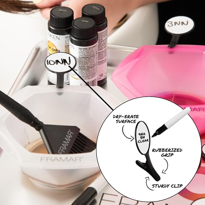 FRAMAR Formula Friend Clips 8 Pack – Easy Wipe Dry Erase Labels That Clip To Hair Dye Bowl, Rubberized Matte Grip & Marker, Clip For Hair Color Bowl, Hair Toner Formulas, Color Bowls For Hairstylist