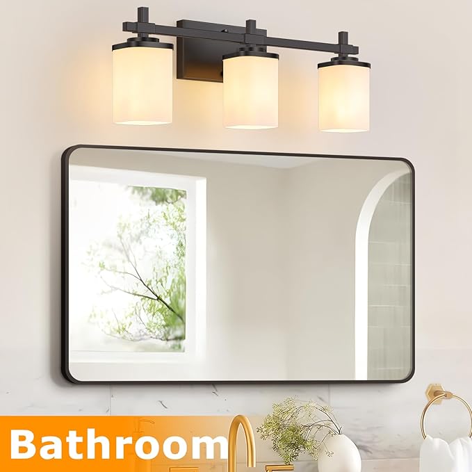3-Lights Black Vanity Lights for Bathroom with White Square Frosted Glass Shades, Modern Eye-Friendly Bathroom Light Fixtures Over Mirror, Bath Wall Lighting for Bedroom Living Room Cabinet