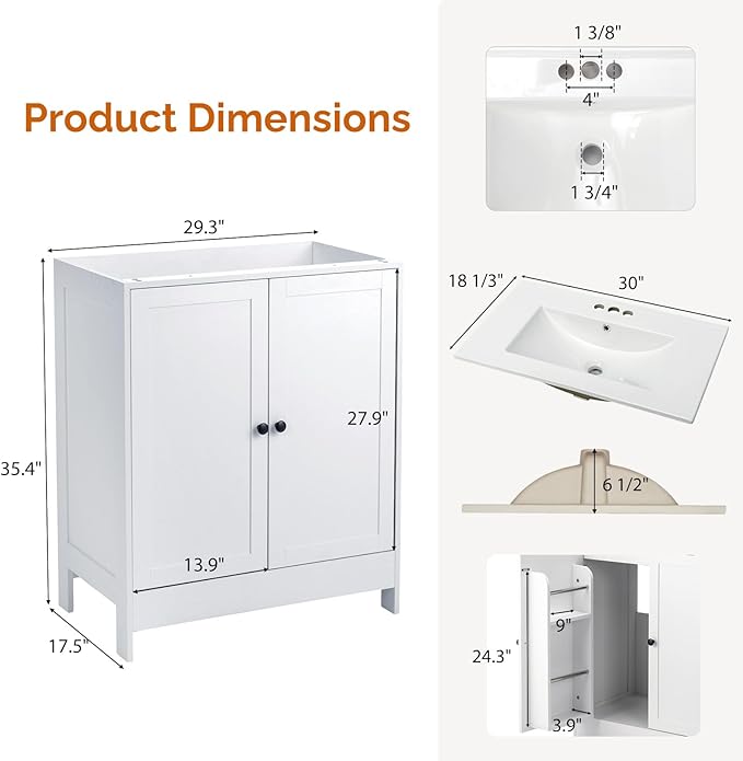 VINGLI 30 Inch White Bathroom Vanity with Sink, Modern Freestanding Sink Vanity with Soft-Close Doors and Storage Shelves, White Bathroom Cabinet with Single Hole Ceramic Basin for Small Bathrooms