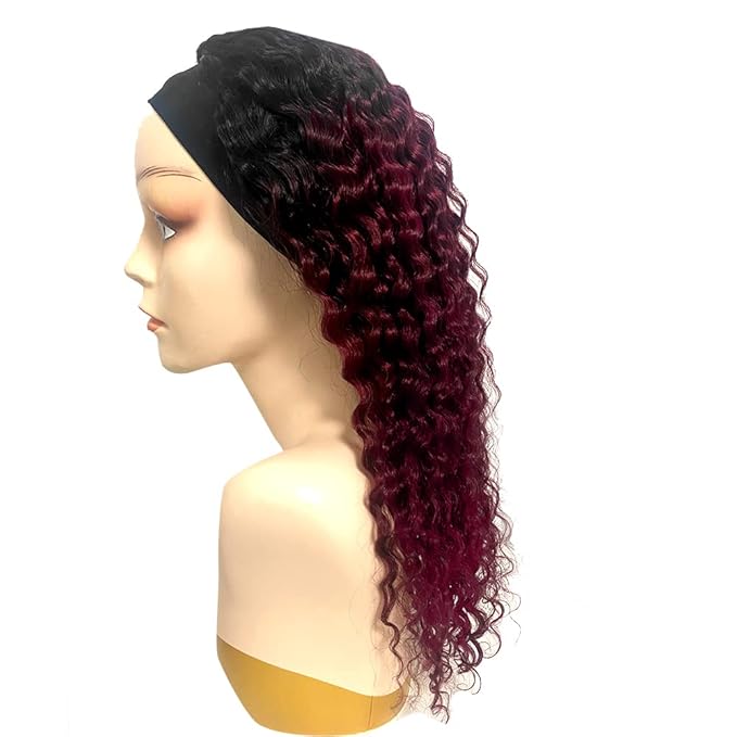 XSY Headband Wig Human Hair 1B/99J Burgundy Deep Wave Headband Wig Red Colored Curly Headband Wig Glueless No Lace Front Wig Brazilian Virgin Human Hair Wigs for Black Women 150% Density 18 Inch