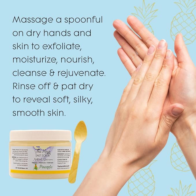 The Keys Salt Scrub -Sea Salt Scrub - Exfoliating Body Scrub with Wooden Spoon - Moisturizing Exfoliator for Hands, Foot, Bath, (12 Ounce (Pack of 1), Pineapple)