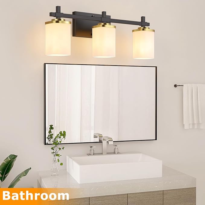 3-Lights Black and Gold Bathroom Lighting Fixtures Over Mirror, Anti-Rust Vanity Wall Lights for Bathroom with Milky White Frosted Glass Shades, Modern Bath Wall Lamp for Living Room Bedroom