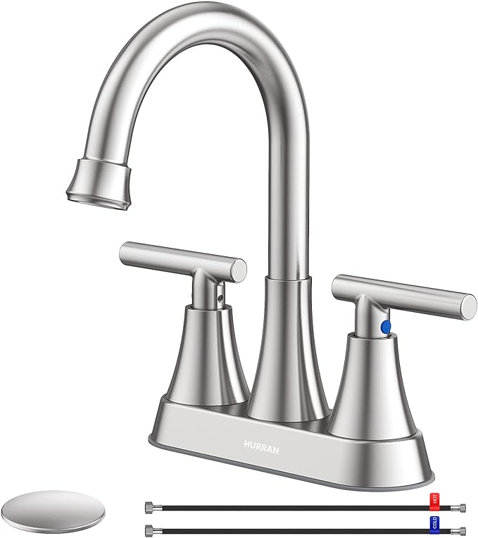 Bathroom Faucets for Sink 3 Hole, Hurran 4 inch Brushed Nickel Bathroom Sink Faucet with Pop-up Drain and Supply Lines, Stainless Steel Centerset Faucets for Sink Vanity RV