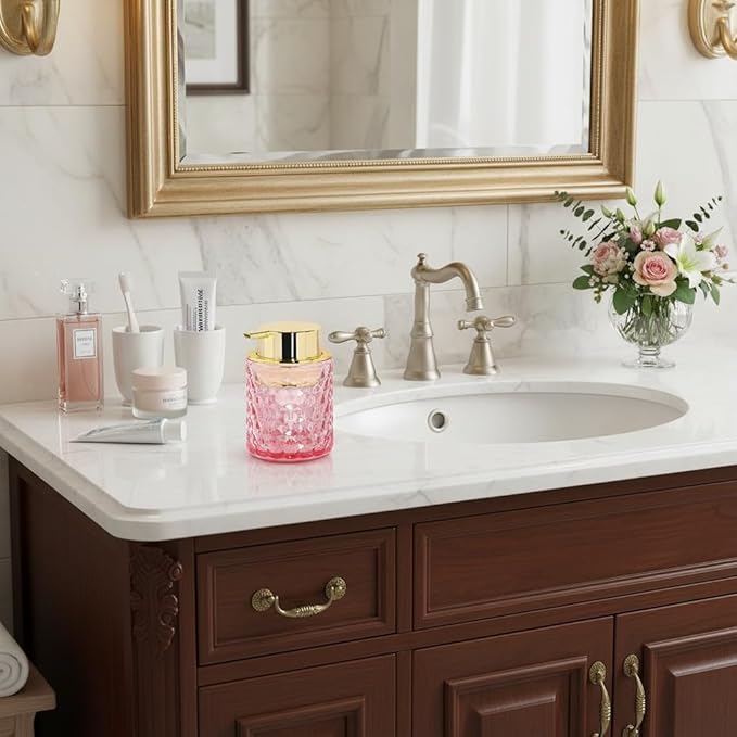 2pcs Pink Glass Foaming Soap Dispenser, Bathroom Refillable 10 Oz Foam Hand Soap Dispenser, Vintage Lotion Shampoo Container Gold Large Pump Bottle for Bathroom Countertop and Kitchen Decor