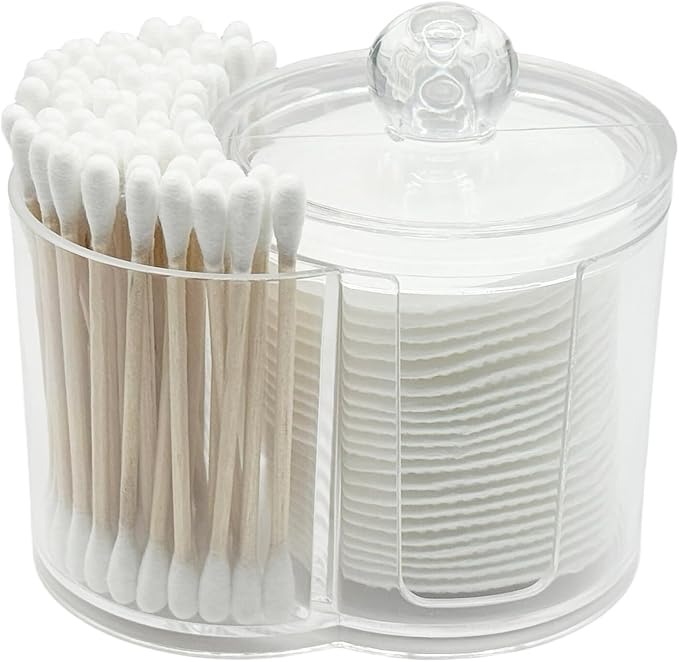 Makeup Pad Holder with Lid and Cotton Swab Storage, Clear Plastic 2-in-1 Dual Compartment Bathroom Vanity Organizer, Durable PS Canister for Cotton Rounds, Dental Flossers and Hair Ties
