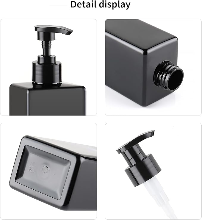 Deroanbot 3 Black Plastic Bottles and Pump - Shower Soap and Shampoo Dispenser - 16.9 oz Reusable Bathroom Bottle
