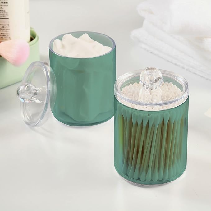 Teal Green Retro Qtip Holder Organizer Dispenser Cotton Swabs Cans Plastic Jars with Lid Set 4 Pack Bathroom Storage Canister for Cotton Ball Floss Cotton Pads