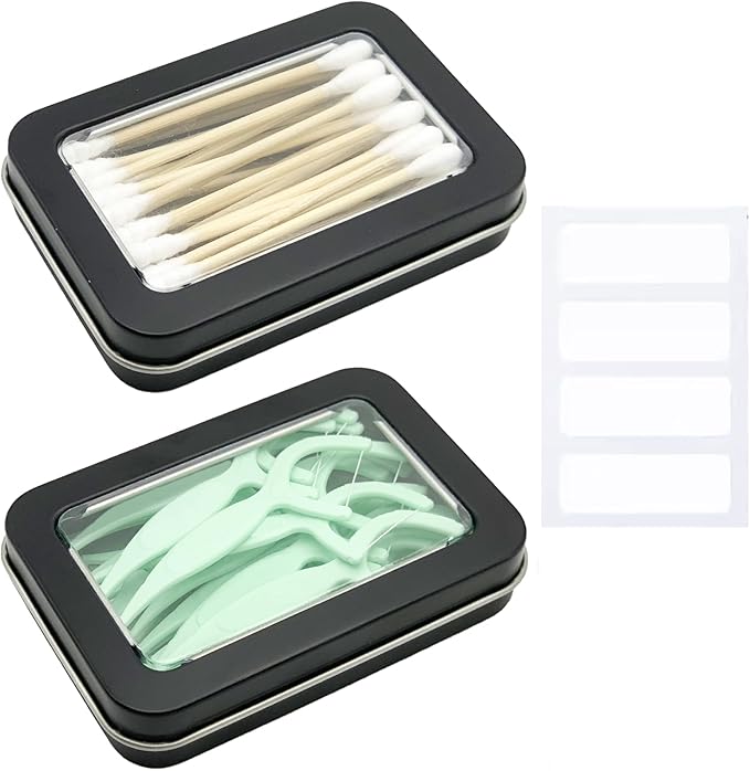 Cotton Swab Holder for Travel, 2 Pcs Portable Small Dental Floss Holder Empty Metal Cotton Ball Holder, Travel Floss Picks Case with Dustproof Lid for Cotton Swabs Hair Ties Floss, Black