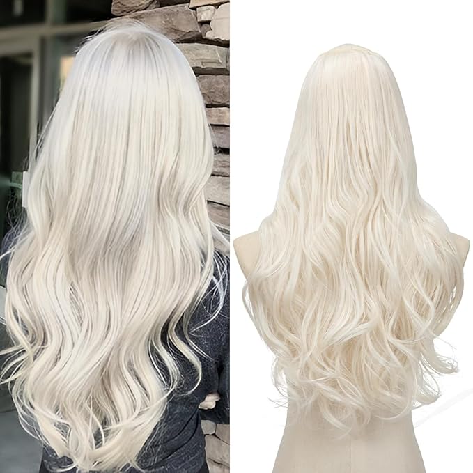 SARLA Clip in U Part Hair Extensions Full Head Long Synthetic Wave Curly Hairpiece 24 Inch for Women Platinum Blonde