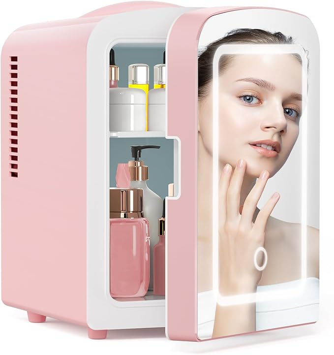 Xbeauty Skincare Mini Fridge With Dimmable LED Mirror, 4L Mini Makeup Refrigerator for SkinCare, Cosmetics, Food & Drinks, Portable Small Refrigerator for Bedroom, Dorm, Car, Office, Pink