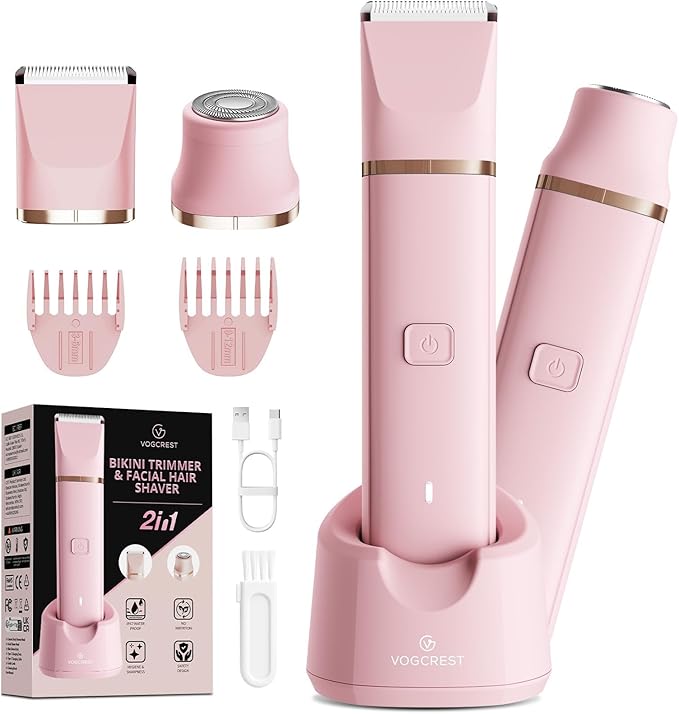 VG VOGCREST Bikini Trimmer for Women: Rechargeable 2-in-1 Painless Body Shaver for Leg Arm Underarm with Length Combs - Portable Travel Friendly Pubic Grooming Kit with Charging Dock (Light Pink)