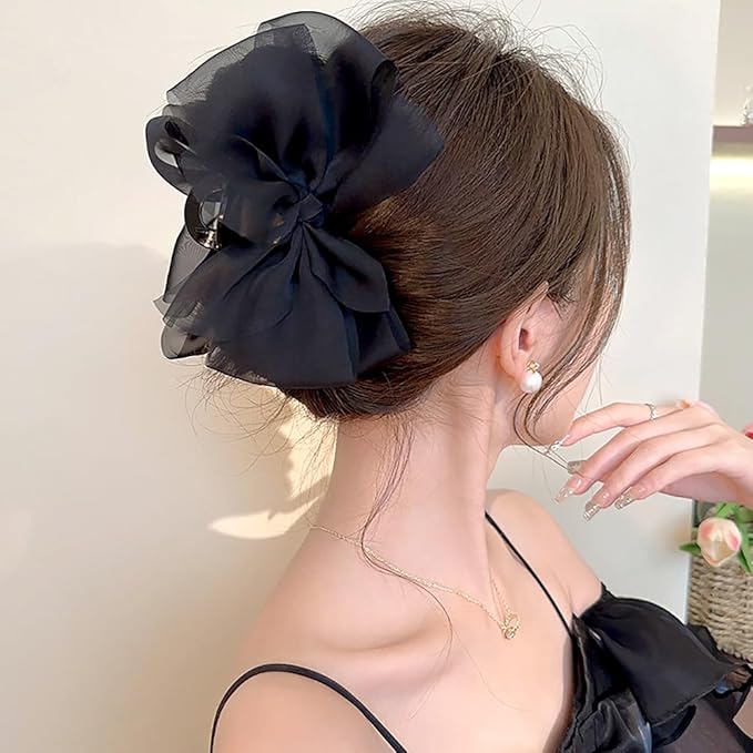 Black Mesh Tulle Bowknot Hair Claw Clips - Large Chiffon Clips for Women's Thick Hair, Elegant Hair Accessories