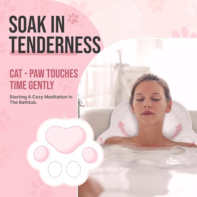 Cute Cat Paw Bath Pillow | Ergonomic Spa Cushion with Non-Slip Design | Quick-Drying, Supports Head, Neck & Back | Unique Gift for Women