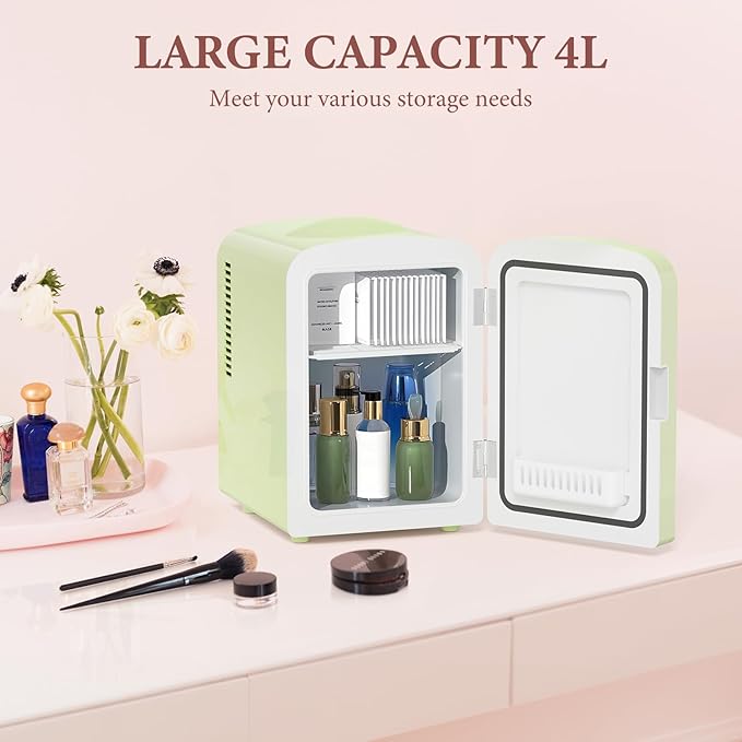 Xbeauty Skincare Mini Fridge With Dimmable LED Mirror, 4L Mini Makeup Refrigerator for SkinCare, Cosmetics, Food & Drinks, Portable Small Refrigerator for Bedroom, Dorm, Car, Office, Green