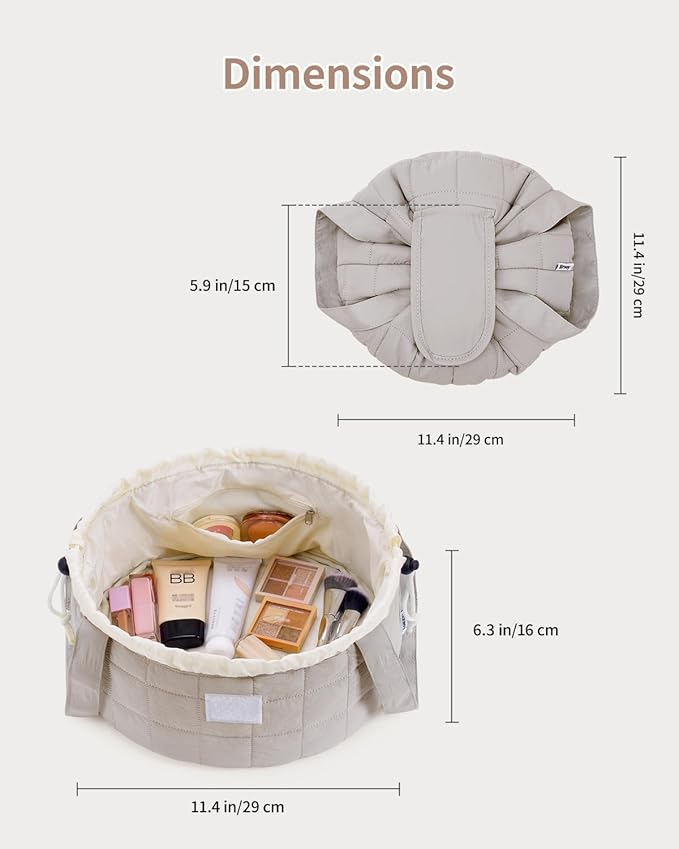 Narwey Quilted Drawstring Makeup Bag, Large Cosmetic Bag Cute Make up Bags Toiletry Bag Travel Bags for Toiletries Organizer for Women Gift for Teen Girls (Khaki) (Patent)