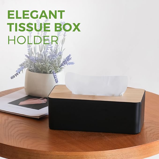 Tissue Box Cover, Rectangle Tissue Box Holder with Bamboo Cover Plate for Bathroom Bedroom, Decorative Tissue Box Covers for Home Decor Office, Black