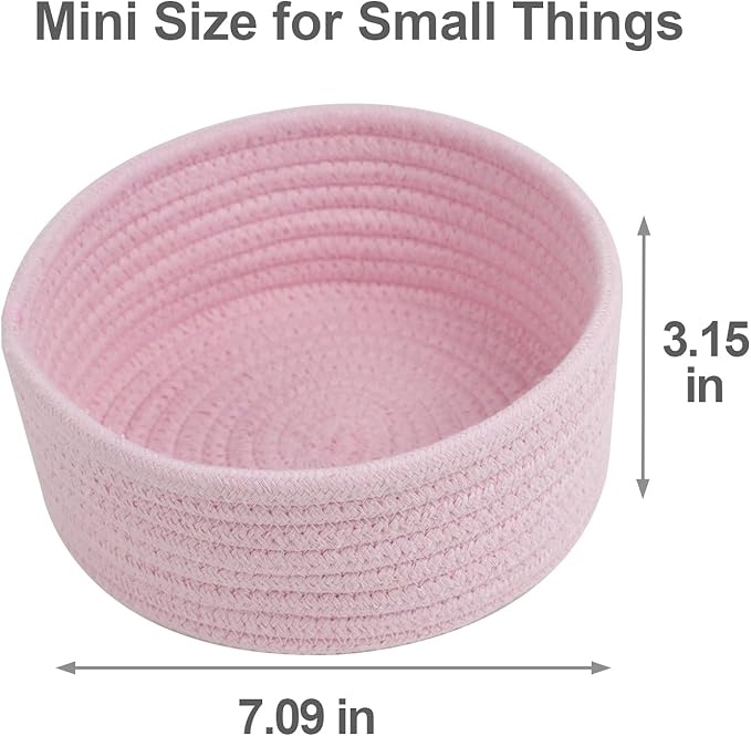 Small Storage Basket, Set of 3 Woven Baskets, Cotton Rope Small Baskets for Organizing, Cute Mini Tiny Round Basket, Bathroom Organization Bin (Pink)