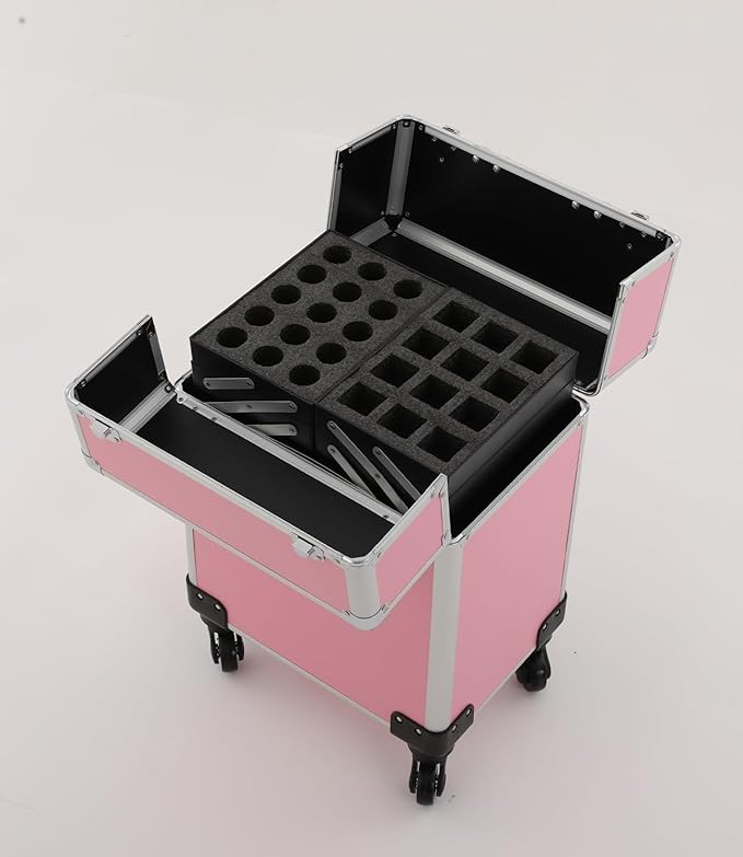 Pink Rolling Makeup Case, Professional Cosmetic Box Storage on Wheels, Large Make Up Train Carrying Cases w/4 Organizer Trays, Cosmetic Case Trolley with Locks for Makeup/Nail Art/Hair Styling
