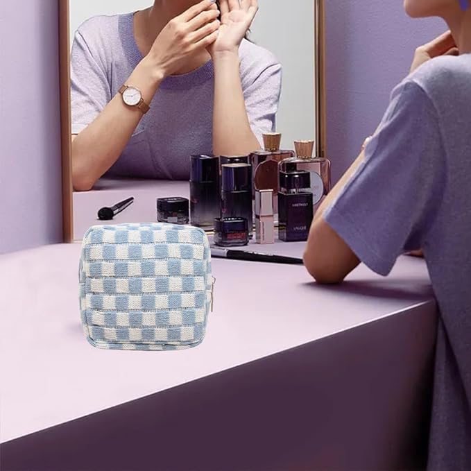 Small Blue Makeup Bag for Purse, Mini Checkered Cosmetic Bag Zipper Cute Make Up Pouch Travel Toiletry Case Quilted Aesthetic Accessories Makeup Storage Bag Organizer for Women