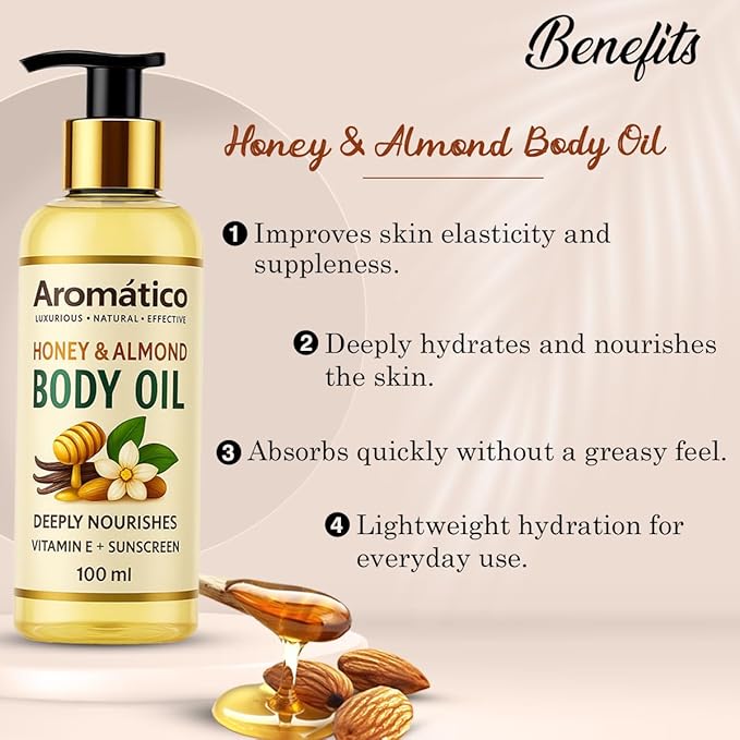 Honey & Almond Mini Body Oil for Women. Dry Skin-Deep Hydration Formula for Glowing Skin in the Winters. Non-Sticky Texture, for Daily Use after Bath. Cozy & Creamy Fragrance - 4 fl Oz