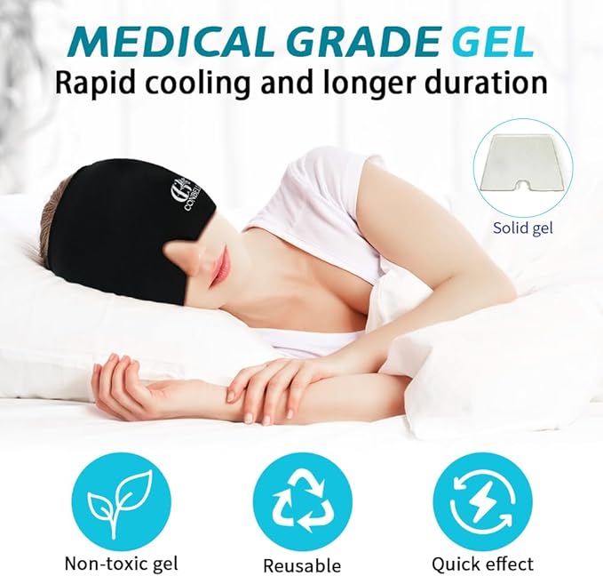 Migraine Relief Cap, Soothing Headache Ice Face Mask Products, Hot and Cold Therapy, Migraine Headache Relief Cap for Migraine, Sinus, Puffy Eyes, Tension, Stress and Hangover (Black+Blue2)