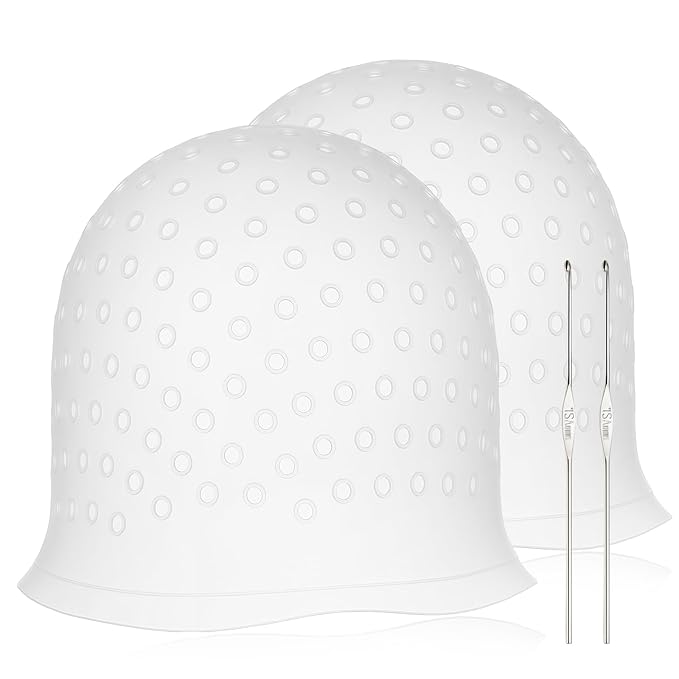 2PCS Reusable Silicone Hair Highlighting Caps with Hooks – Pull Through Dye Caps with Holes for Frosting & Coloring, Hairdressing Salon Kit