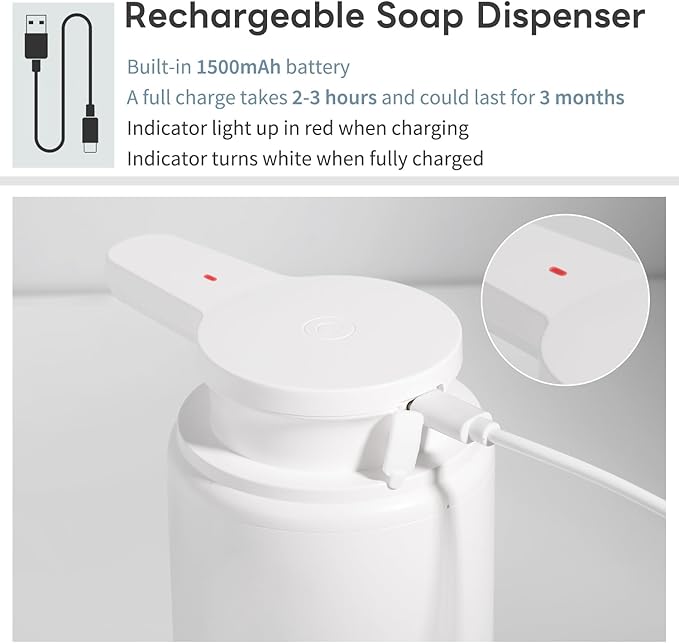 Automatic Foaming Soap Dispenser, Rechargeable Touchless Foam Hand Soap Dispenser for Bathroom, Soap Pump for Kitchen, Water-Resistant, Xmas Gift 10oz