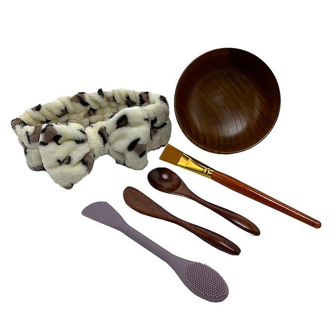 Wood Mask Mixing Bowls 6 Pack,Makeup Facial Skin Care Products for Clay Mask,Home DIY Beauty Personal Care Spa Tools Kit Cosmetic Bowl,Spatula,Spoon,Brush,Silicone Applicator,Headband