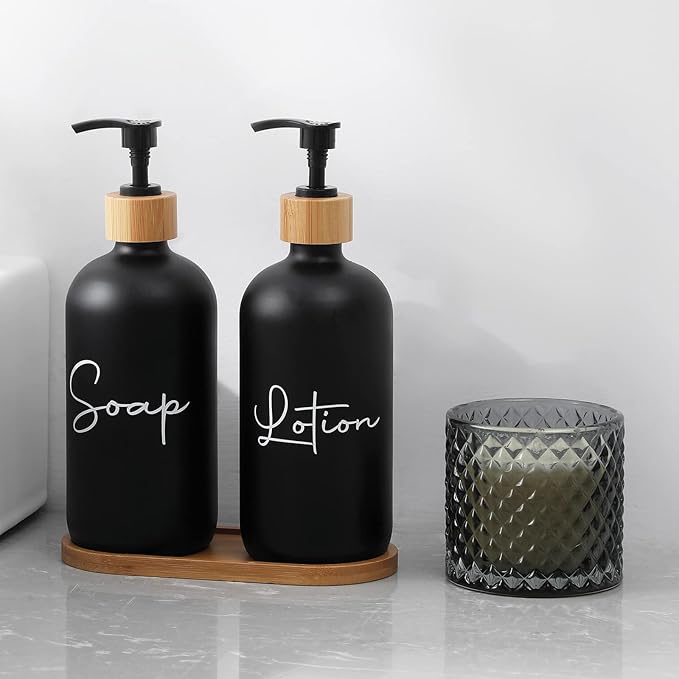 17 oz Hand Soap Dispenser Empty Glass Lotion Pump Bottles, Refillable Liquid Dish Soap Bottles for Bathroom Decor, Kitchen Sink, Matte Design and Wood Tray, Pack of 2, Black