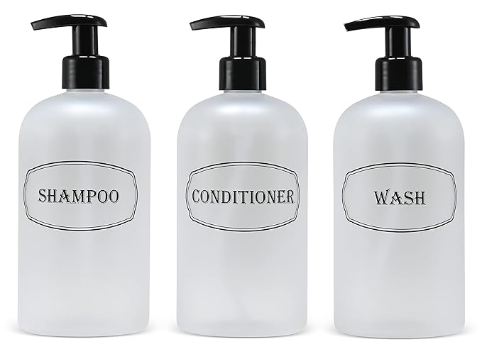 16 oz Shampoo, Conditioner, Wash Refillable Empty Plastic Pump Bottle Dispenser Set (Frosted Clear)