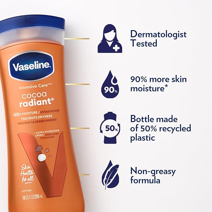 Vaseline Intensive Care Cocoa Radiant Hand & Body Moisturizer + Lip Therapy with Cocoa Butter for Healing Dry Skin & Lips
