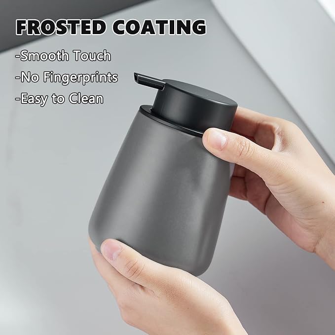 12Oz Grey Foaming Soap Dispenser - Ceramic Foam Hand Soap Dispenser Set with Easy-to-Press Pump, Refillable Liquid Dish Soap Dispensers for Bathroom and Kitchen, 2 Pack