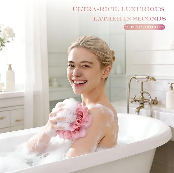 3-Pack Loofah Washcloth Combo 2-in-1, Exfoliating Soap Saver Pouch with Bar Soap Pocket, Reusable Shower Sponge for Body Wash & Smooth Skin, Coffee Brown, Pink, White