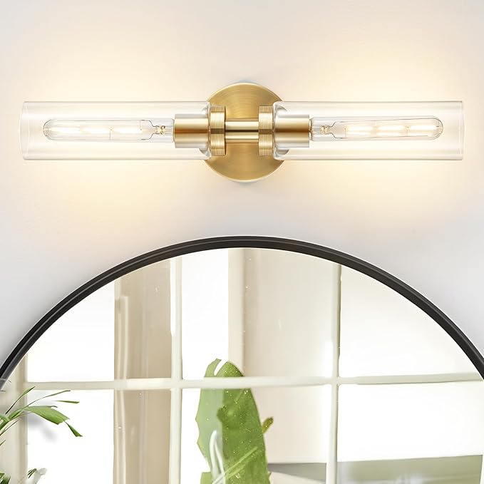 2 Light Bathroom Wall Sconce Set of 2,Modern Farmhouse Brushed Brass Gold Bathroom Light Fixture Over Mirror with Clear Glass Shade,Vanity Light for Hallway Cabinet Bedroom Stairway Porch