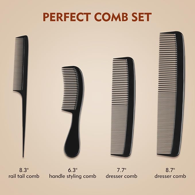 4 Piece Professional Black Comb Set for Men and Women-Fine Tooth, Rat Tail, Beard and Mustache Combs-Parting and Teasing Tools for All Hair Types