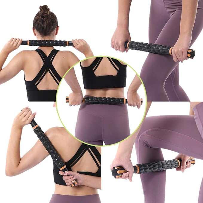 Muscle Roller Massage Roller Stick- Deep Tissue Fascia Blaster for Myofascial Pain Relief, Lymphatic Drainage & Body Sculpting, Handheld Physical Therapy & Recovery Tool (Orange black-18 inch)