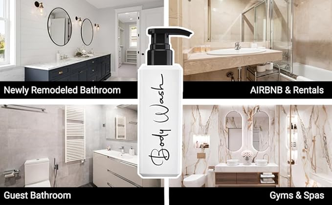 Spa-Inspired Refillable Shampoo and Conditioner Bottles - Dispenser Set of 3 with Pump - Bottles for Shower Wall – Printed Shampoo, Conditioner & Body Wash