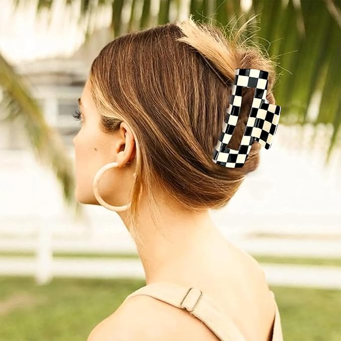 2 PCS Checkered Hair Claw Clips Square Checker Barrettes Cute Non Slip Hair Jaw Clips Strong Hold Rectangle Hair Claw Multicolored Plaid Vintage Check