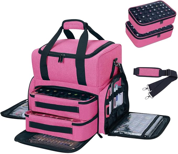 Nail Polish Organizer Case Holds 80 Bottles (15ml - 0.5 fl.oz) and a Nail Lamp,Nail Polish Case with 2 Removable Bags and Tools Storage Sections Rose Red