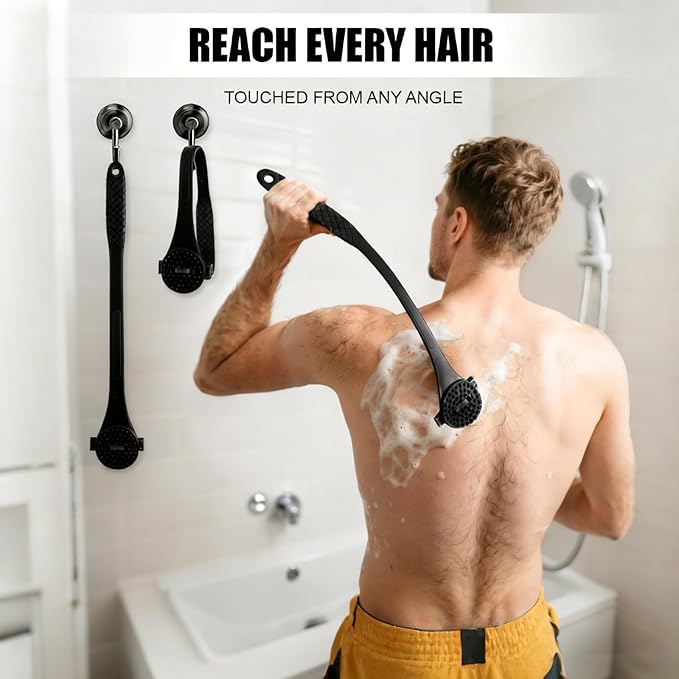 Back& Body Shaver for Men,Back Hair Trimmer for Men with Long Bendable Ergonomic Silicone Handle,10 of The Wet or Dry Disposable Razor Blades,Bath Brush Included(Black)