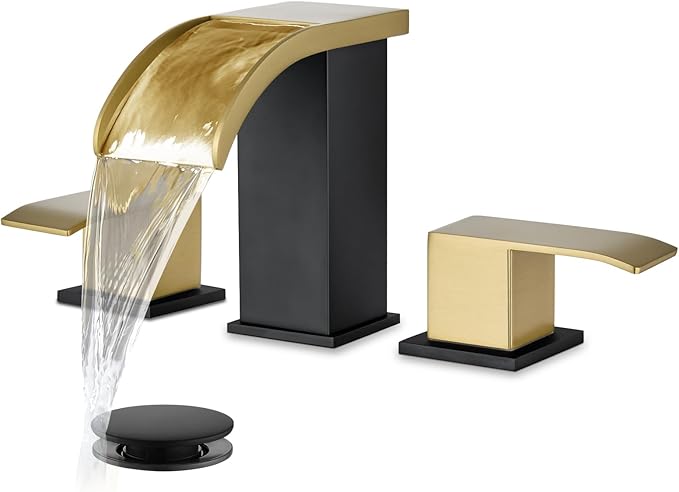 gotonovo Waterfall 8 inch Widespread Bathroom Faucet Set Bathroom Sink Faucet 3 Hole 2 Handle Vanity Lavatory Deck Mount with Pop Up Drain and Water Supply Lines Square Body Gold and Matte Black