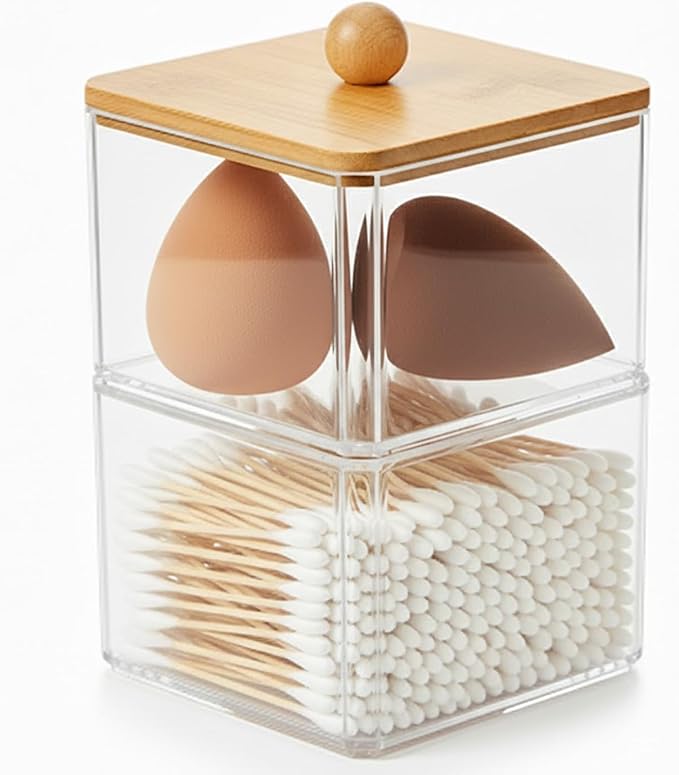 Cotton Swab Holder with Bamboo Lid, Clear PS Qtip Container, Double Layer Stackable Bathroom Organizer for Cotton Balls & Pads, Vanity Storage, Dorm Room Essentials, Small Space Decor