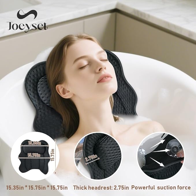 Bath Pillow for Tub, 4D Air Mesh Breathable Fabric, Soft Supportive Bathtub Cushion for Head Neck Back, Ergonomic Spa Pillow with Strong Suction Cups, Quick-Drying, Machine Washable (Black)