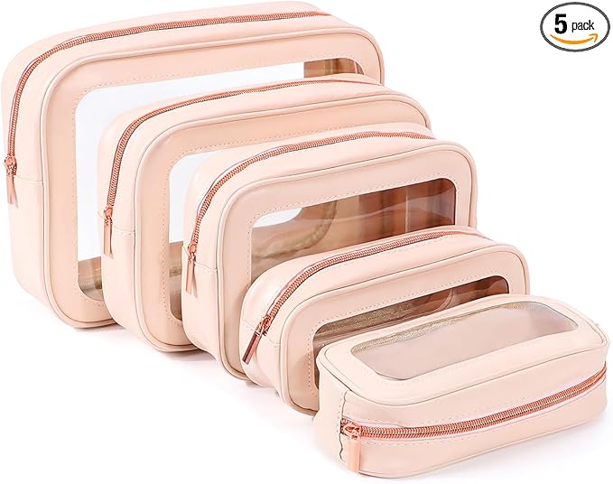 5PCS Clear Toiletry Bag,TSA Approved Travel Makeup Pouch with Zipper for Cosmetics and Toiletries，Diaper Bag Organizer Pouch Set，Women's Purse Organizer and Clear Car Bag
