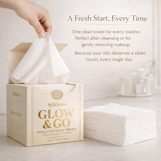 Glow & Go XL Disposable Face Towel 10x15 Inch, 100% Biodegradable Premium Towels for Fine Line Prevention & Radiant Skin, Chemical Free, 100 Count Two Month Supply, 2 Pack