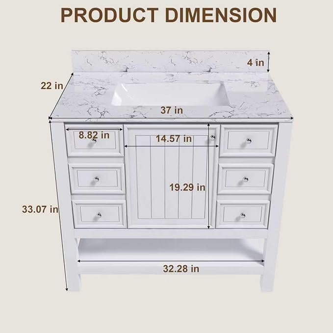 Montary 36" Bathroom Vanity with 37" Artificial Marble Carrara White Top, Modern Stylish MDF Bathroom Storage Cabinet, Freestanding Vanity Set with One Cabinet & 3 Drawers, White (Single Hole)