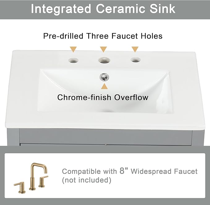 Harper & Bright Designs 24" Bathroom Vanity with Sink, Free Standing Single Basin Vanity Set with Two Drawers and Glass Door, Modern Wooden Bathroom Cabinet with Ceramic Basin for Bathroom, Grey