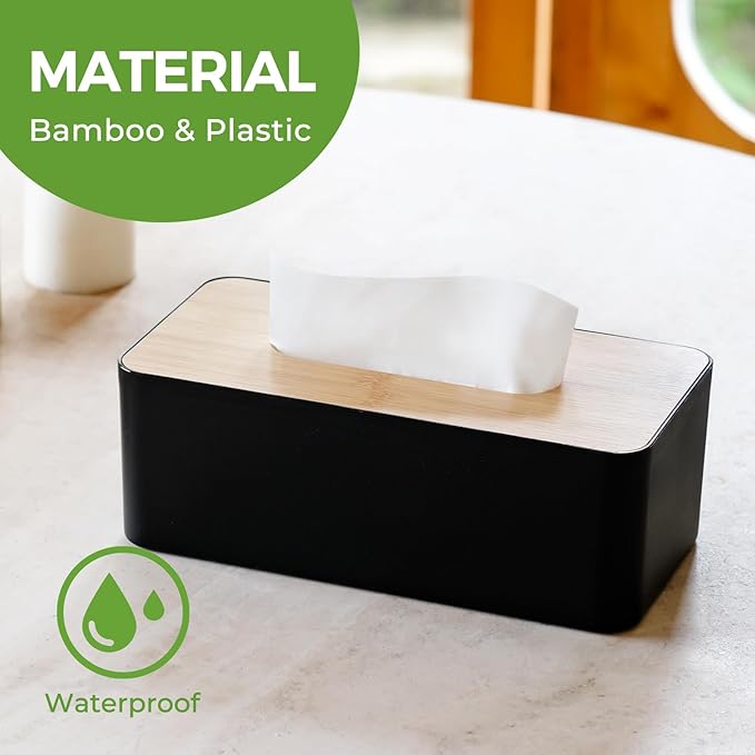 Tissue Box Cover, Rectangle Tissue Box Holder with Bamboo Cover Plate for Bathroom Bedroom, Decorative Tissue Box Covers for Home Decor Office, Black